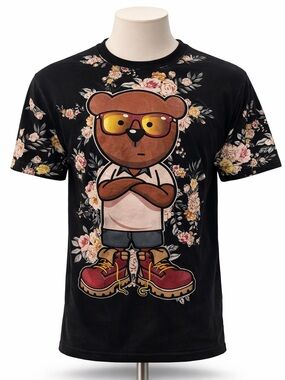 Fresh Laundry Black Floral Teddy Bear Graphic Short Sleeve T-Shirt- XL